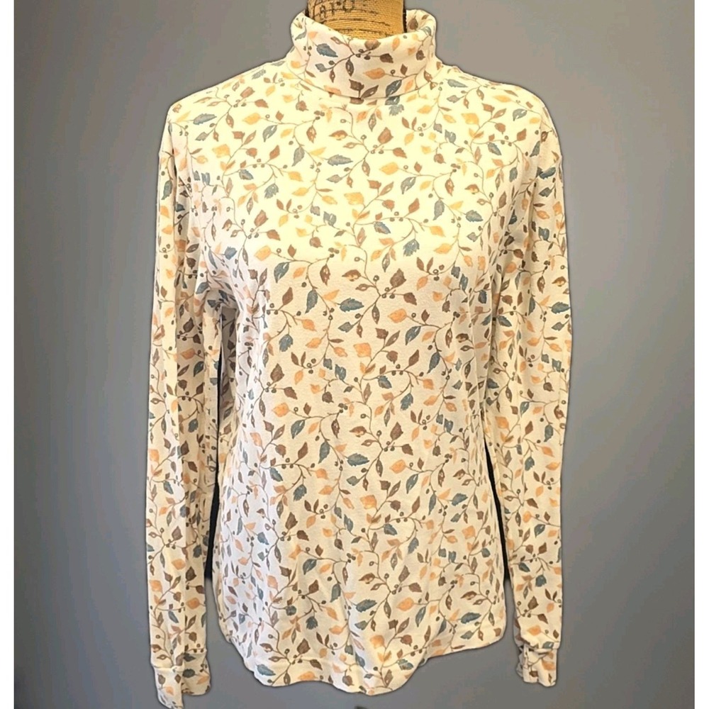 Vtg Classic Elements Leaf Print Turtleneck Top Cottagecore‎ Earthy Fall sz M